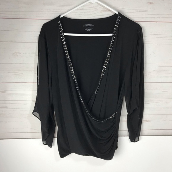 Women’s plus 2X carmen V neck wrap top black rhinestone , butterfly sleeves - Picture 4 of 7